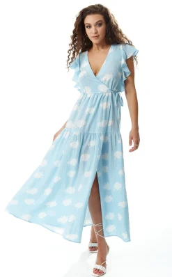 Women’s Midi Wrap Dress with Frill Short Sleeves in Blue - Cloud Print Tie Waist Elegance for Weddings by Liquorish