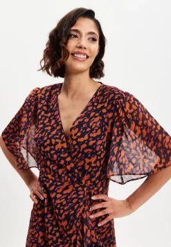 Women's Midi Wrap Dress with Short Sleeves in Chic Animal Print Organza - Double Breasted Style by Liquorish
