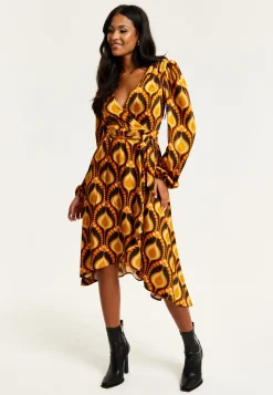 Women's Midi Wrap Dress with Balloon Sleeves in Retro Print - Elegant Fake Wrap Style, Perfect for Any Occasion by Liquorish