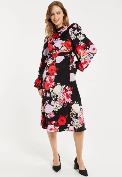 Women's Midi Wrap Dress with Long Balloon Sleeves in Rose Print and Open Back Detail - Liquorish