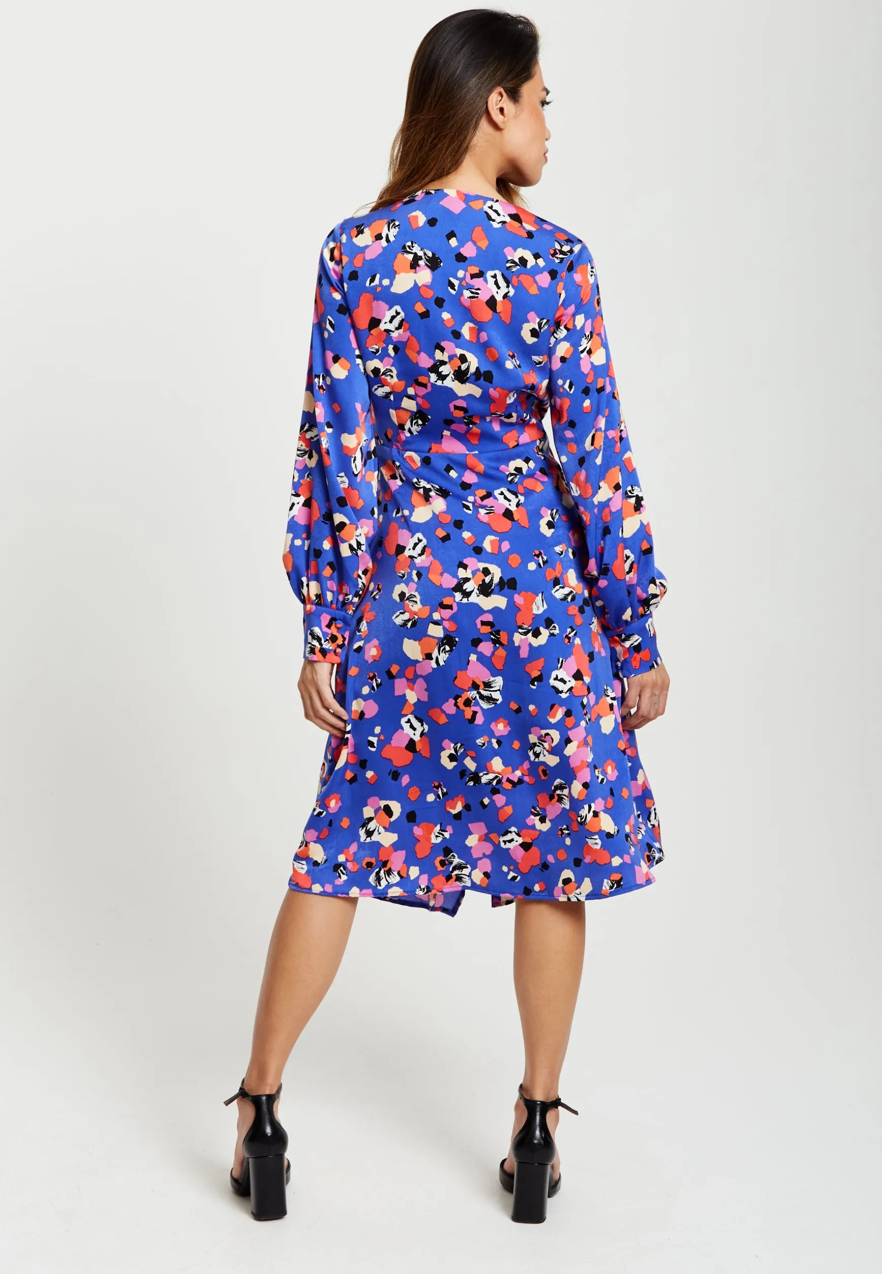 Women's Midi Wrap Dress with Long Balloon Sleeves in Blue Multicolour Abstract Dot Print - Liquorish