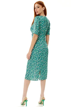 Women's Midi Wrap Dress with Short Sleeves and Daring Front Slit in Green - Liquorish