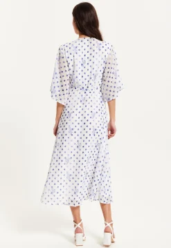 Women’s Midi Wrap Dress with Kimono Sleeves in White and Blue Floral Polka Dot Print - Liquorish