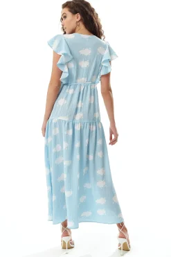 Women’s Midi Wrap Dress with Frill Short Sleeves in Blue - Cloud Print Tie Waist Elegance for Weddings by Liquorish