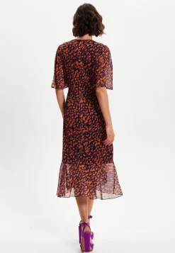 Women's Midi Wrap Dress with Short Sleeves in Chic Animal Print Organza - Double Breasted Style by Liquorish