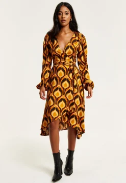 Women's Midi Wrap Dress with Balloon Sleeves in Retro Print - Elegant Fake Wrap Style, Perfect for Any Occasion by Liquorish