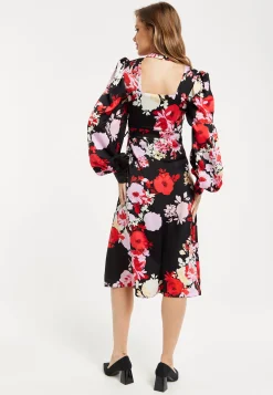 Women's Midi Wrap Dress with Long Balloon Sleeves in Rose Print and Open Back Detail - Liquorish
