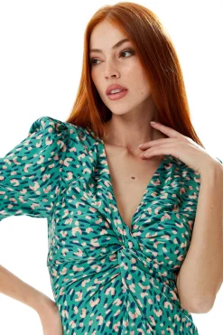 Women's Midi Wrap Dress with Short Sleeves and Daring Front Slit in Green - Liquorish