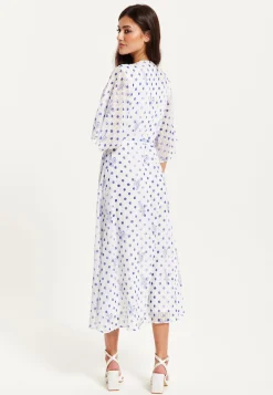 Women’s Midi Wrap Dress with Kimono Sleeves in White and Blue Floral Polka Dot Print - Liquorish