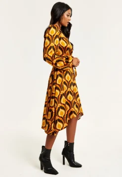 Women's Midi Wrap Dress with Balloon Sleeves in Retro Print - Elegant Fake Wrap Style, Perfect for Any Occasion by Liquorish