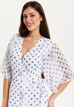 Women’s Midi Wrap Dress with Kimono Sleeves in White and Blue Floral Polka Dot Print - Liquorish