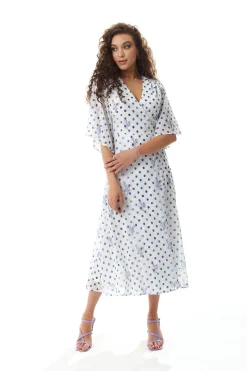 Women’s Midi Wrap Dress with Kimono Sleeves in White and Blue Floral Polka Dot Print - Liquorish