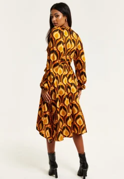 Women's Midi Wrap Dress with Balloon Sleeves in Retro Print - Elegant Fake Wrap Style, Perfect for Any Occasion by Liquorish