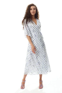 Women’s Midi Wrap Dress with Kimono Sleeves in White and Blue Floral Polka Dot Print - Liquorish