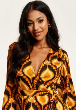 Women's Midi Wrap Dress with Balloon Sleeves in Retro Print - Elegant Fake Wrap Style, Perfect for Any Occasion by Liquorish