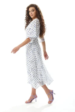 Women’s Midi Wrap Dress with Kimono Sleeves in White and Blue Floral Polka Dot Print - Liquorish