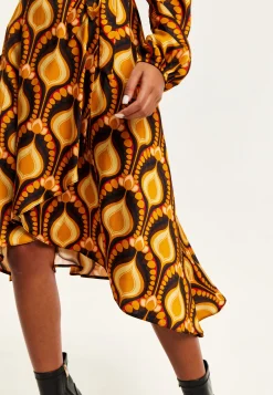 Women's Midi Wrap Dress with Balloon Sleeves in Retro Print - Elegant Fake Wrap Style, Perfect for Any Occasion by Liquorish