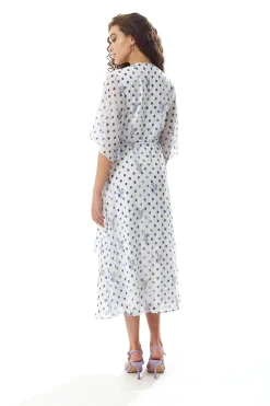Women’s Midi Wrap Dress with Kimono Sleeves in White and Blue Floral Polka Dot Print - Liquorish