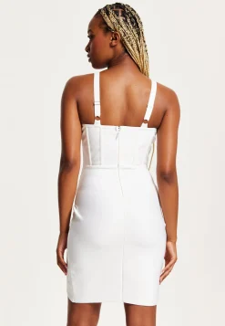 Women's Mini Corset Dress, Sleeveless V-Neck, Knitted, White, Bodycon Fit