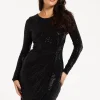 Women’s Mini Dress, Black Ruched Sequin Dress with Long Sleeves, Elegant All-Over Sequin Finish, Knee-Length Design