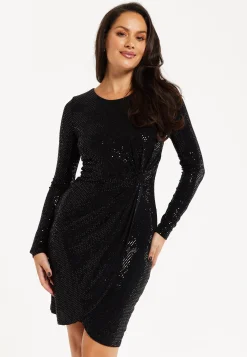Women’s Mini Dress, Black Ruched Sequin Dress with Long Sleeves, Elegant All-Over Sequin Finish, Knee-Length Design