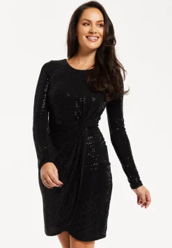 Women’s Mini Dress, Black Ruched Sequin Dress with Long Sleeves, Elegant All-Over Sequin Finish, Knee-Length Design