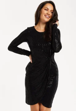 Women’s Mini Dress, Black Ruched Sequin Dress with Long Sleeves, Elegant All-Over Sequin Finish, Knee-Length Design