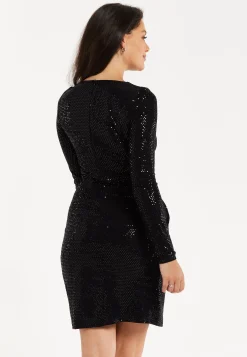 Women’s Mini Dress, Black Ruched Sequin Dress with Long Sleeves, Elegant All-Over Sequin Finish, Knee-Length Design