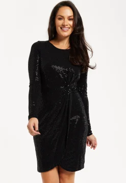 Women’s Mini Dress, Black Ruched Sequin Dress with Long Sleeves, Elegant All-Over Sequin Finish, Knee-Length Design