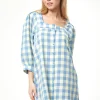 Women's Mini Dress, Blue Gingham Puff Sleeve, Button-Up Front, Oversized Fit, 3/4 Sleeve Length