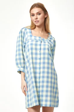 Women's Mini Dress, Blue Gingham Puff Sleeve, Button-Up Front, Oversized Fit, 3/4 Sleeve Length