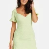 Women’s Mini Dress, Green Polka Dot Frill Detail with Angel Sleeves