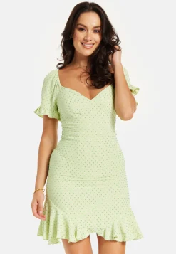 Women’s Mini Dress, Green Polka Dot Frill Detail with Angel Sleeves
