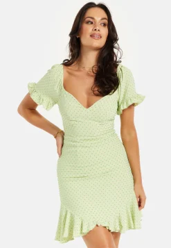 Women’s Mini Dress, Green Polka Dot Frill Detail with Angel Sleeves