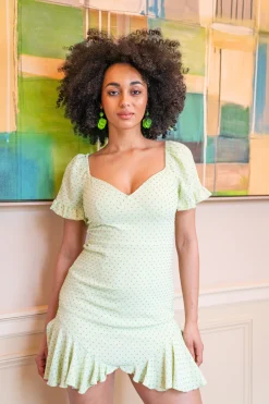 Women’s Mini Dress, Green Polka Dot Frill Detail with Angel Sleeves
