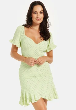 Women’s Mini Dress, Green Polka Dot Frill Detail with Angel Sleeves