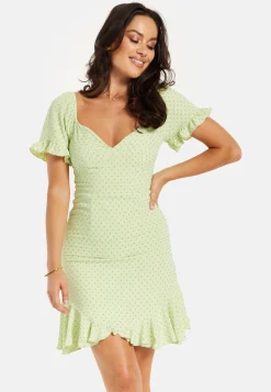 Women’s Mini Dress, Green Polka Dot Frill Detail with Angel Sleeves