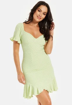 Women’s Mini Dress, Green Polka Dot Frill Detail with Angel Sleeves