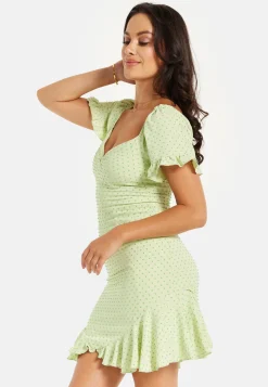 Women’s Mini Dress, Green Polka Dot Frill Detail with Angel Sleeves