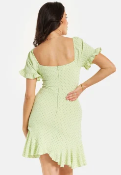 Women’s Mini Dress, Green Polka Dot Frill Detail with Angel Sleeves