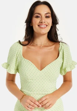Women’s Mini Dress, Green Polka Dot Frill Detail with Angel Sleeves