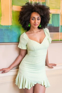 Women’s Mini Dress, Green Polka Dot Frill Detail with Angel Sleeves