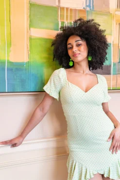 Women’s Mini Dress, Green Polka Dot Frill Detail with Angel Sleeves