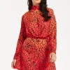 Women's Mini Dress, High Neck, Long Sleeve, Orange Animal Print, Tie Detail, Regular Fit