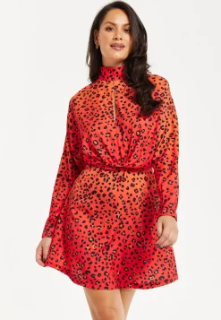 Women's Mini Dress, High Neck, Long Sleeve, Orange Animal Print, Tie Detail, Regular Fit