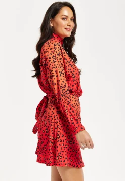 Women's Mini Dress, High Neck, Long Sleeve, Orange Animal Print, Tie Detail, Regular Fit