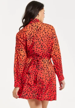 Women's Mini Dress, High Neck, Long Sleeve, Orange Animal Print, Tie Detail, Regular Fit