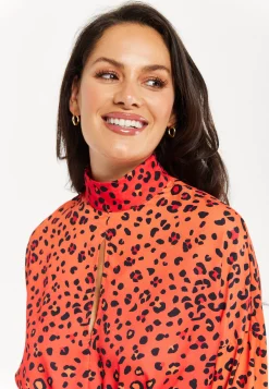 Women's Mini Dress, High Neck, Long Sleeve, Orange Animal Print, Tie Detail, Regular Fit