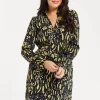 Women's Mini Dress in Black & Yellow with Long Flared Sleeves, Collar Tie-Side Detail - Liquorish