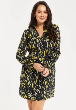 Women's Mini Dress in Black & Yellow with Long Flared Sleeves, Collar Tie-Side Detail - Liquorish